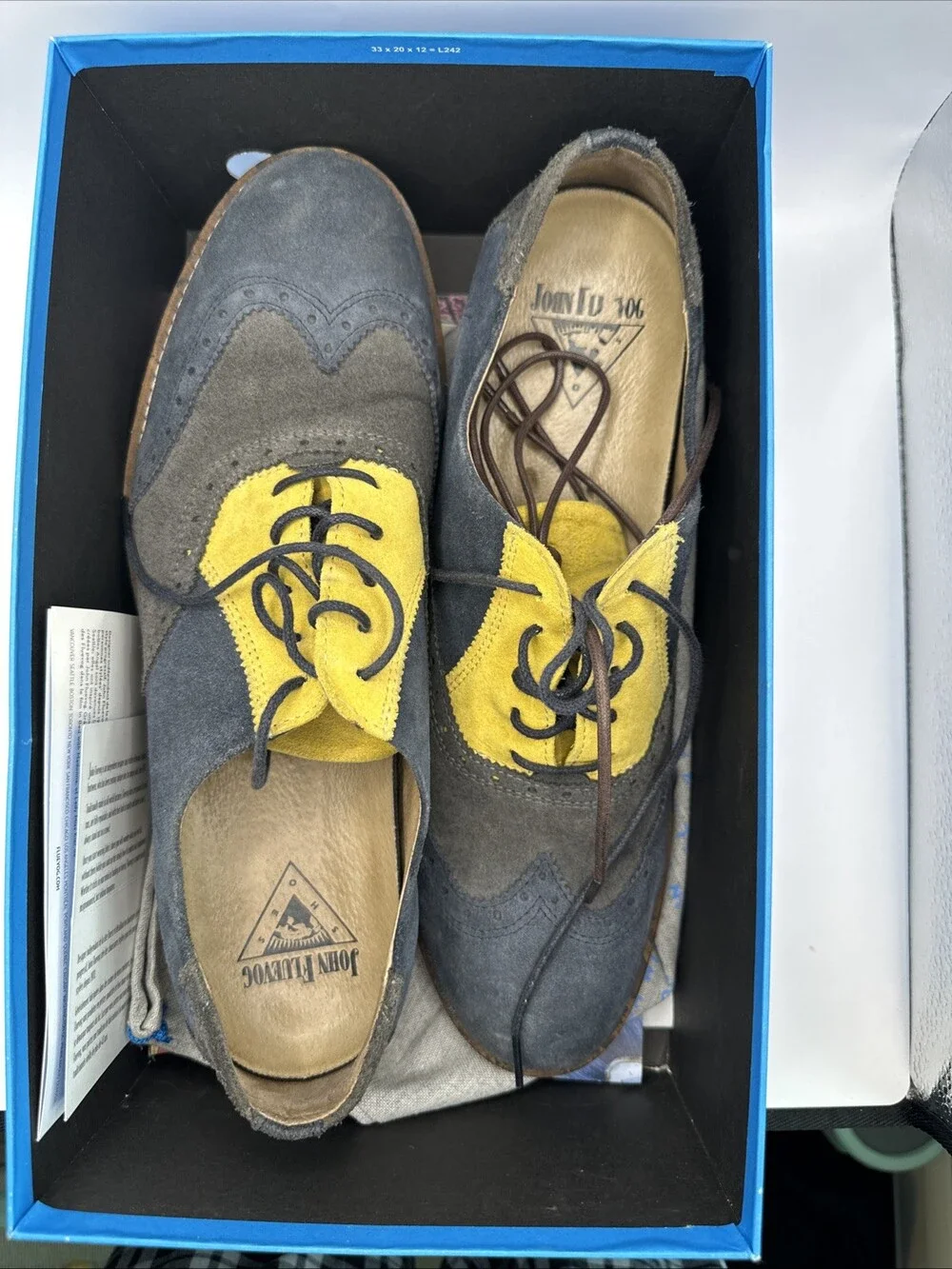 John Fluevog BCAT Wingtip Oxford Suede Dress Shoes Grey/Brown/Yellow Men Size 12